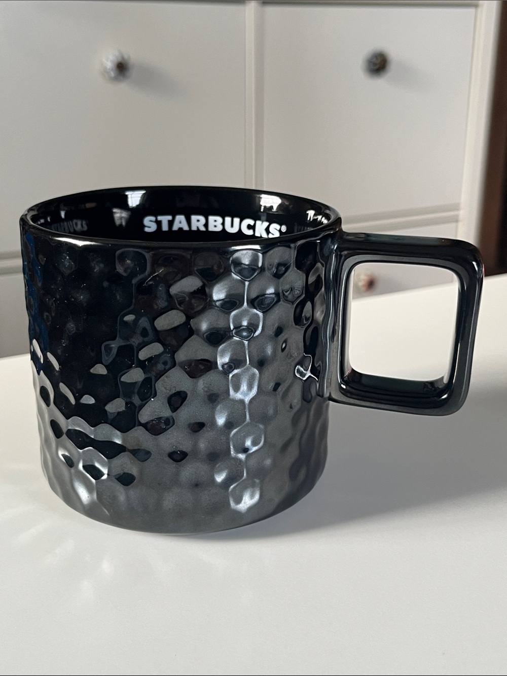 Starbucks Black Hammered Ceramic Mug with Square Handle